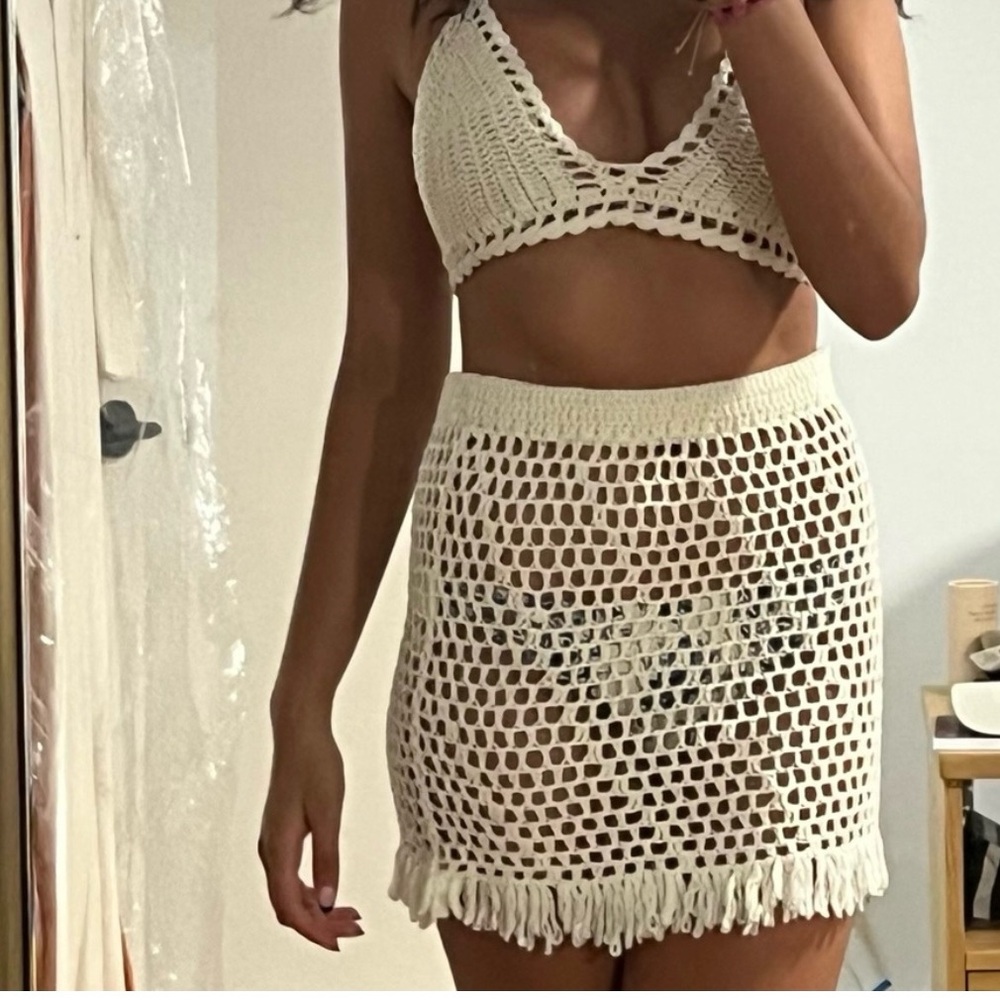 White Fox Boutique Crochet Skirt Fringe White Small Medium - Picture 5 of 10